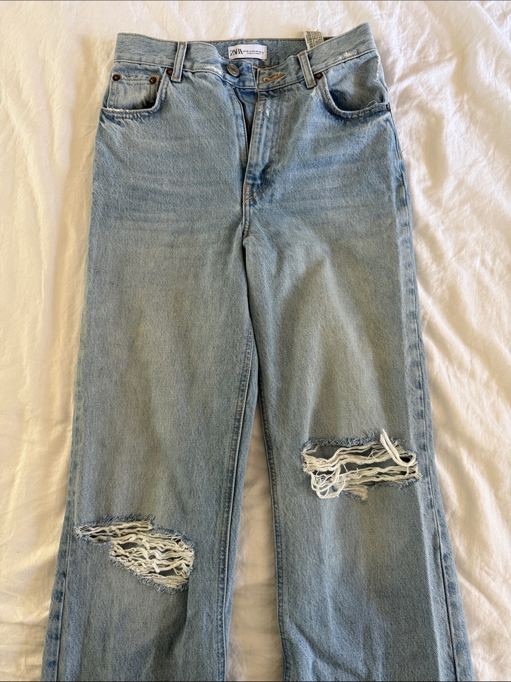 Zara Light Blue Straight-Leg Distressed Jeans